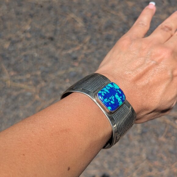 Native American Azurite Chrysocolla Cuff Nickel Silver Bracelet Southwest Sz 7** - Picture 10 of 11